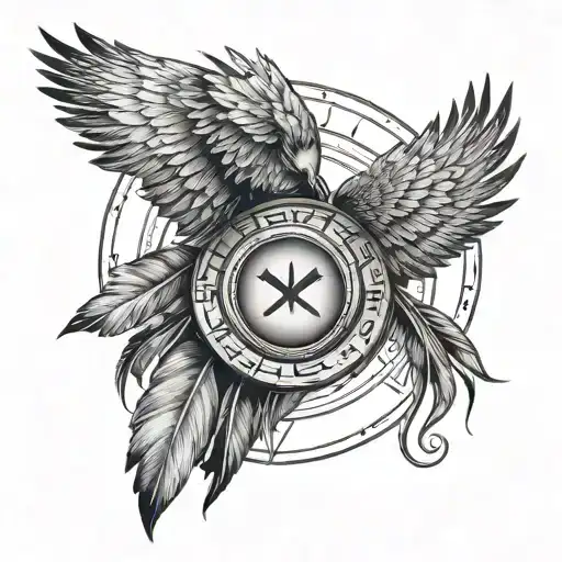 ring of eagle feathers with a bird inside of the circle and Roman numerals of 1947 underneath the circle tattoo design idea