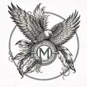 ring of eagle feathers with a bird inside of the circle and Roman numerals of 1947 underneath the circle tattoo design idea