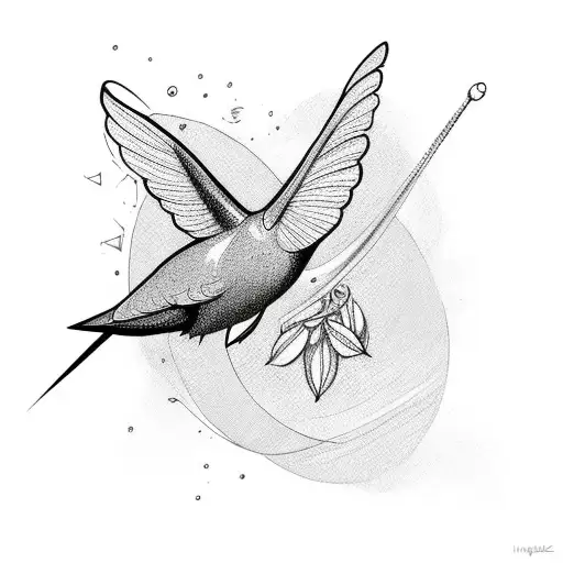 humming bird flying with an abstract work of art tattoo design idea