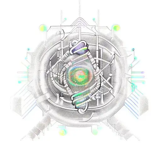 Create an 2d tattoo that features a DNA strand made of metallic and neon-colored circuitry lines. The DNA strand should  tattoo design idea