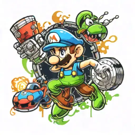 small art with a mix of the games of Mario, Luigi mansion, just dance, Mortal Kombat and playstation in color without na tattoo design idea