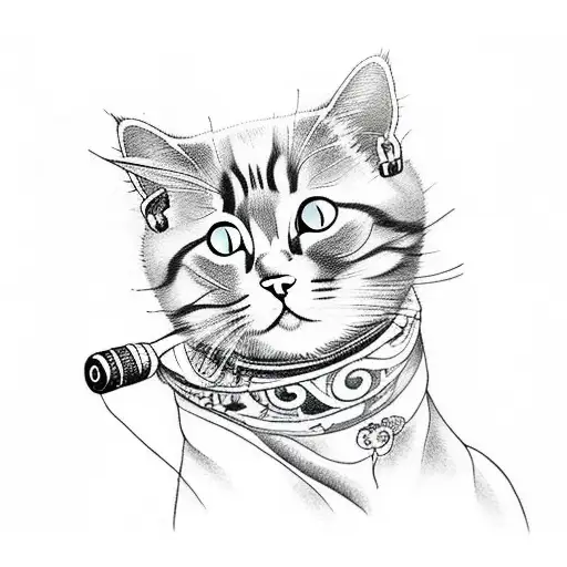 cat with wine listening to music tattoo design idea