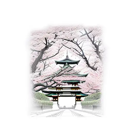 a brave samurai ronin warrior standing under a torii gate amidst cherry blossoms tattoo design idea