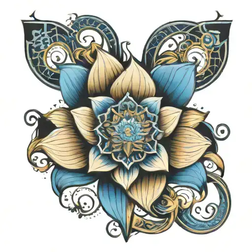 Blue lotus flower with Egyptian cross, sacred geometry patterns tattoo design idea