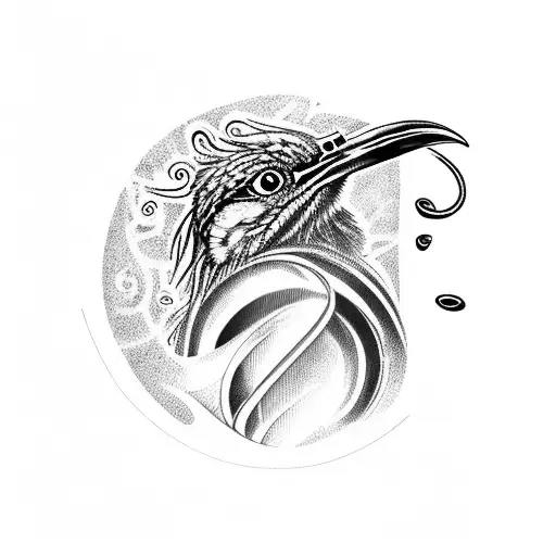 A combination of a roadrunner bird perched on a coffee cup, with the steam forming the shape of mountain peaks, all surrounded by swirling smoke from a lit cigar tattoo design idea