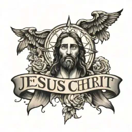 black and white, with words and characters, jesus christ tattoo design idea