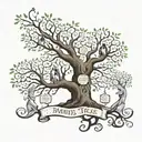 Family tree with names and two child figures and a wife  tattoo design idea