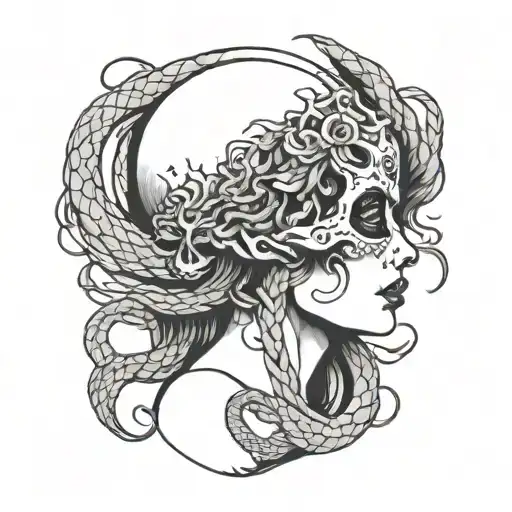 skull with snakes and female face tattoo design idea