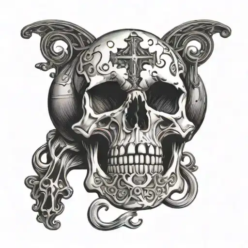 Catholic architecture and skull tattoo design idea
