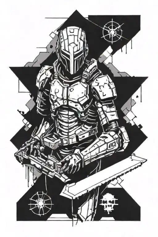 dead space character from the game isaac in black and white style, obelisk, cutter in hand, geometry tattoo design idea