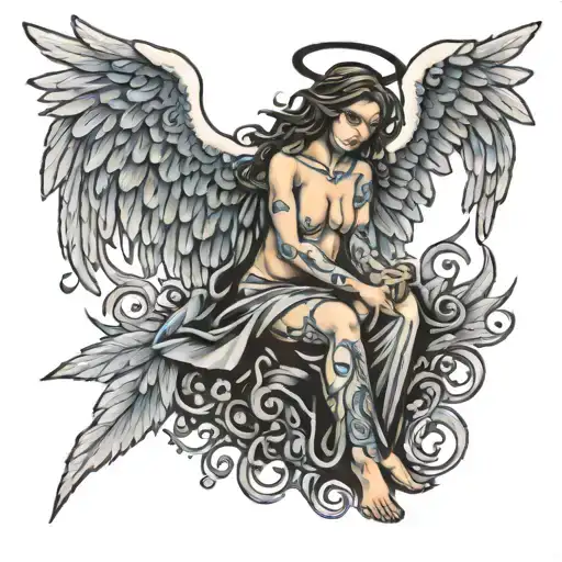 angel surrounded by the numbers 1998, 2000, 2002, and 2005 tattoo design idea