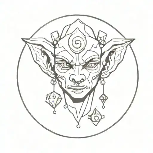 line art, goblin face, dice earrings, womb seal tattoo design idea
