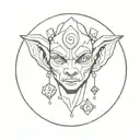 line art, goblin face, dice earrings, womb seal tattoo design idea