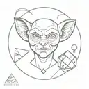 line art, goblin face, dice earrings, womb seal tattoo design idea