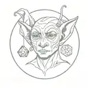 line art, goblin face, dice earrings, womb seal tattoo design idea