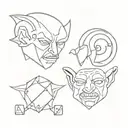 line art, goblin face, dice earrings, womb seal tattoo design idea