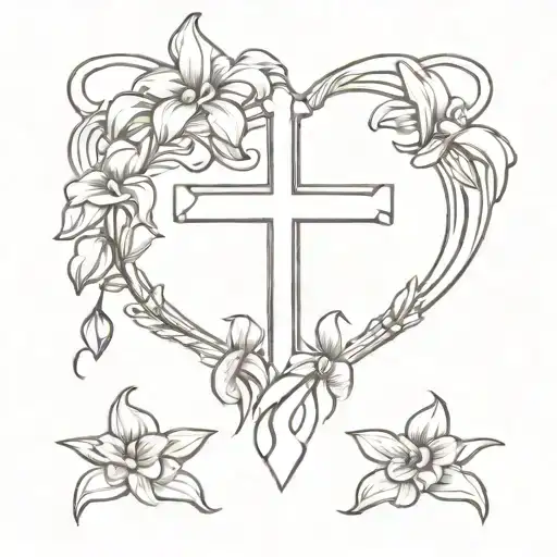 violets and irises forming into a heart around a christian cross tattoo design idea