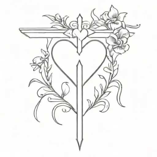violets and irises forming into a heart around a cross tattoo design idea