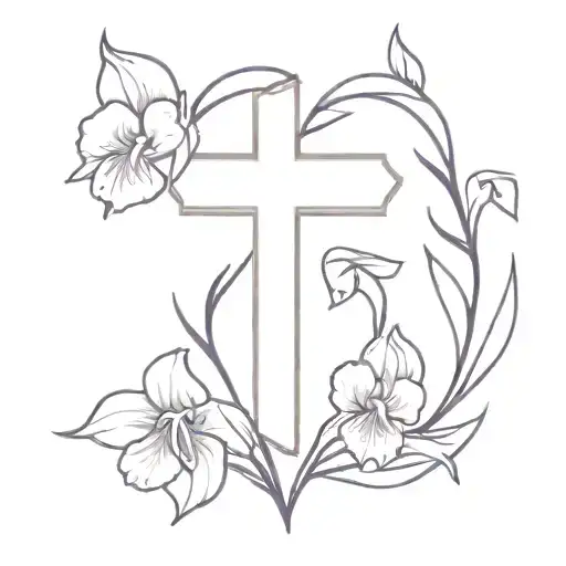 G>^v, with violets and irises with cross tattoo design idea