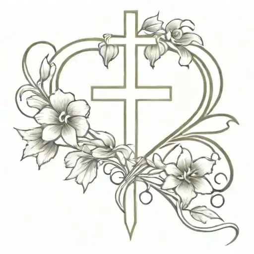violets and irises forming into a heart around a christian cross tattoo design idea