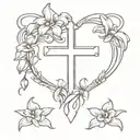 violets and irises forming into a heart around a christian cross tattoo design idea