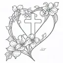violets and irises forming into a heart around a christian cross tattoo design idea