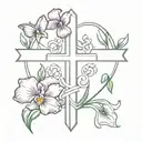 violets and irises forming into a heart around a christian cross tattoo design idea