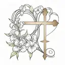 violets and irises forming into a heart around a christian cross tattoo design idea