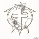 violets and irises forming into a heart around a christian cross tattoo design idea