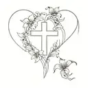 violets and irises forming into a heart around a christian cross tattoo design idea