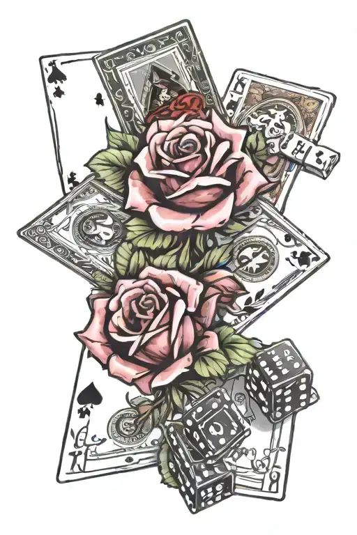2 dice, a poker royal flush, 100$ usd bills, a rose tattoo design idea