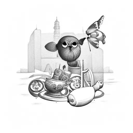 A whimsical flea market scene with various unique objects and treasures tattoo design idea