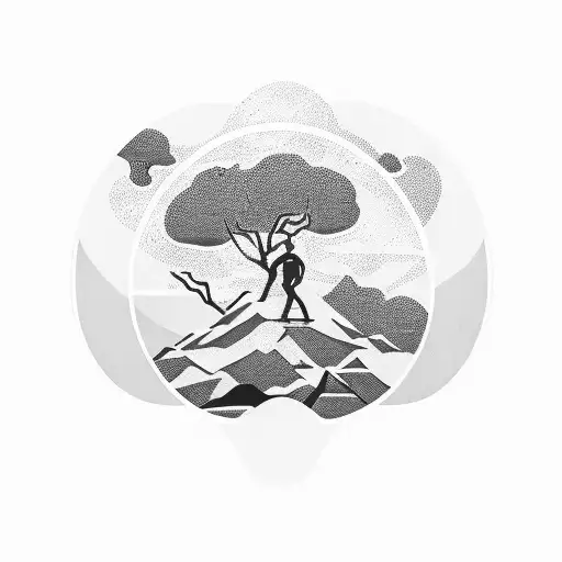 A manager's silhouette standing on a mountain peak, surrounded by olive leaves and a subtle depiction of Neptune's plane tattoo design idea