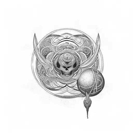 An intricate design combining the Neptune planet sign and black dark rose tattoo design idea