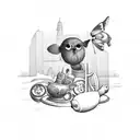 A whimsical flea market scene with various unique objects and treasures tattoo design idea