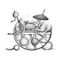 A whimsical flea market scene with various unique objects and treasures tattoo design idea