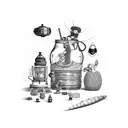 A whimsical flea market scene with various unique objects and treasures tattoo design idea