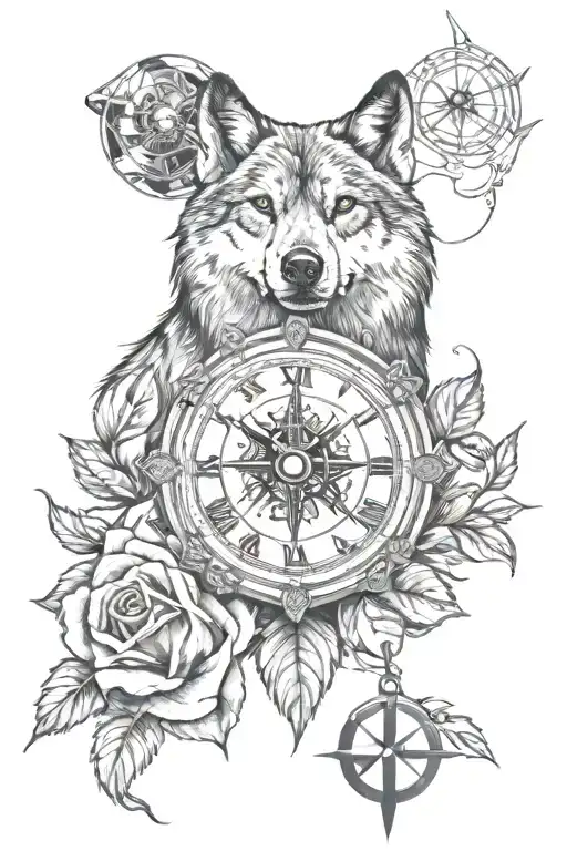 Rose, wolf and compass with clock tattoo design idea