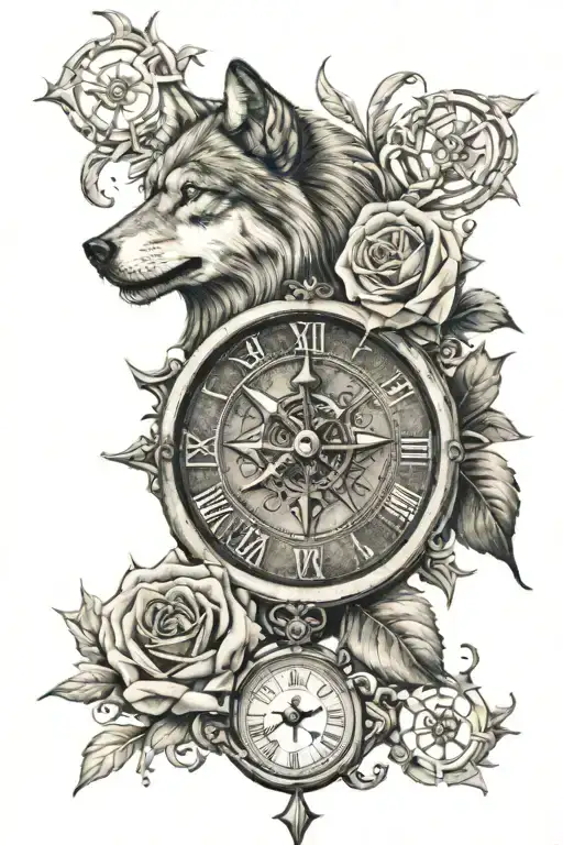 rose, wolf and compass with clock tattoo design idea