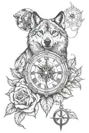 Rose, wolf and compass with clock tattoo design idea