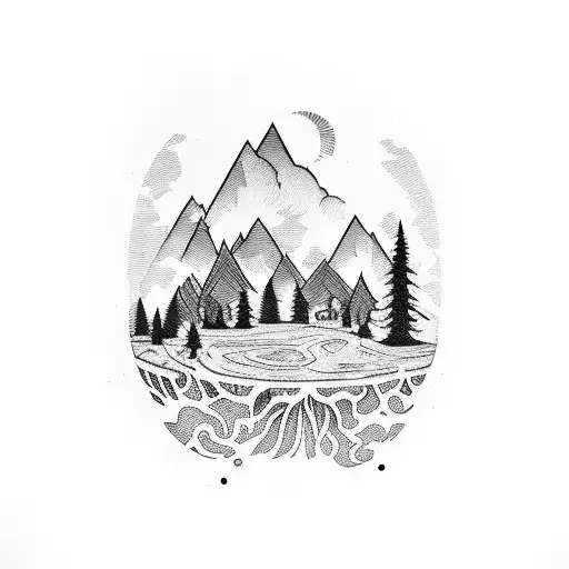 Sleve Tattoo: Soil at bottom with skeletton inside, on top of it grass, mountains, forrest, lake, then in the middle sun tattoo design idea