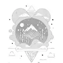 Soil with skeletton, mountains, forrest, lake, sun surrounded by clouds, then planets, stars, UFO, angel tattoo design idea