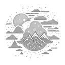 Soil with skeletton, mountains, forrest, lake, sun surrounded by clouds, then planets, stars, UFO, angel tattoo design idea