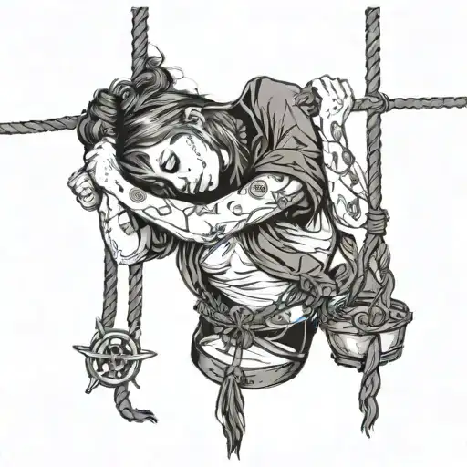 girl in bondage, bdsm, hands bound behind back, hanging from a noose  tattoo design idea