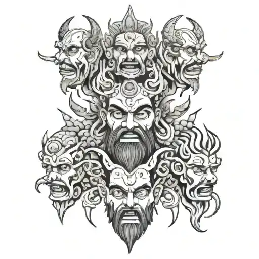 A tattoo design featuring the ten heads of Ravan, each representing one of the seven deadly sins and three other negative emotions tattoo design idea