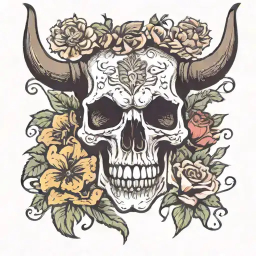 long horn skull with flowers  tattoo design idea