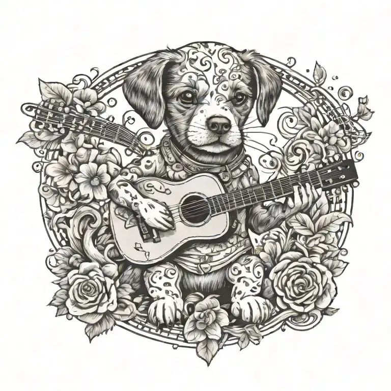 A whimsical design of a cute dog playing a guitar surrounded by musical notes and flower and heart tattoo design idea
