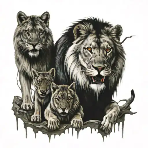 Lion Fangs dripping blood dripping with female mother wolf with 6 wolf cubs protecting american soldier  tomb  tattoo design idea