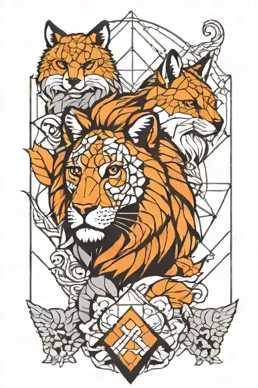 geometric with a lion at the top, an owl on the left and a fox on the right tattoo design idea