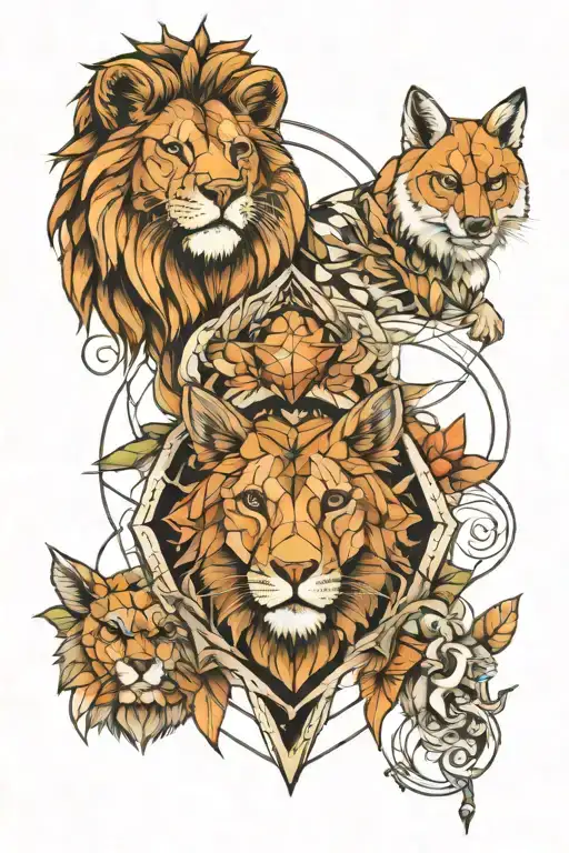 geometry with a lion at the top, an owl on the left and a fox on the right tattoo design idea
